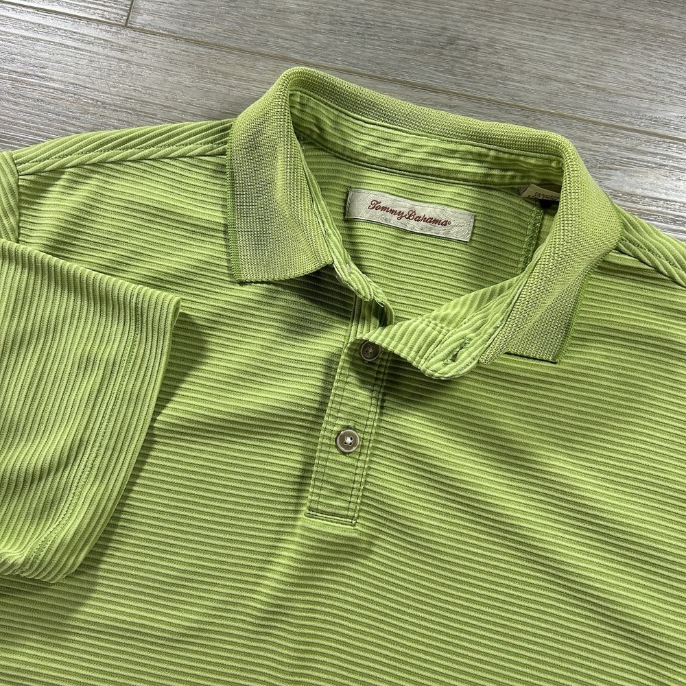 Tommy Bahama Small Polo Shirt Green Striped Textured Modal Polyester